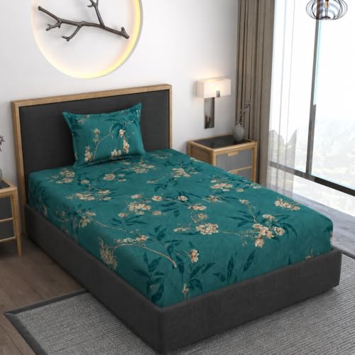 Image of Vaini Premium Heavy Cotton Elastic Fitted Bedsheets with 1 King Size Pillow Covers || Single Bed with All Around Elastic 350 TC || 36 x 78 x 6 Inch Single Size Fitted || :- Green Flower