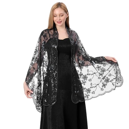 Greenery-GRE Womens Sheer Lace Shawl Evening Wrap Scarf Floral Mesh Sequined Cover Up for Formal Dress Wedding Party Prom