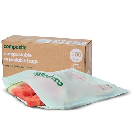 Compostic Compostable Gallon Bags (100 Count) Bulk Pack Resealable Zip-Seal Plant-Based Home Compostable Freezer Safe BPA-Free Non-Toxic GMO-Free Food Storage Bags