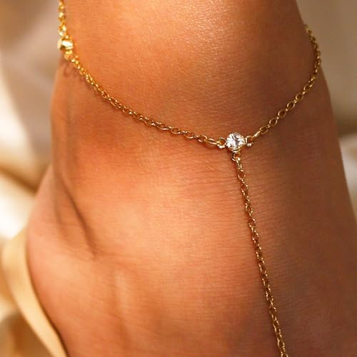 Image of Pencros Toe Ankle Bracelet for Women, 14K Gold Boho Bead Adjustable Anklet, Barefoot Sandals CZ Ankle Bracelet Waterproof Minimalist Beach Foot Jewelry for Women