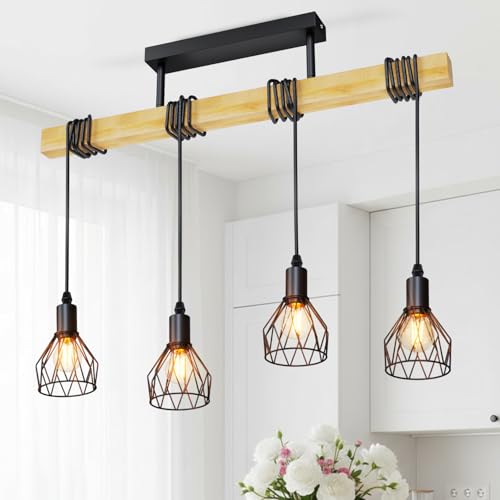 LVWIT Lustre Salon E14, Noir Luminaire Suspension Bois avec 4 Têtes, Lustre Salle a Manger 650MM, Suspension Luminaire Chambre avec Abat-jour en Forme de...