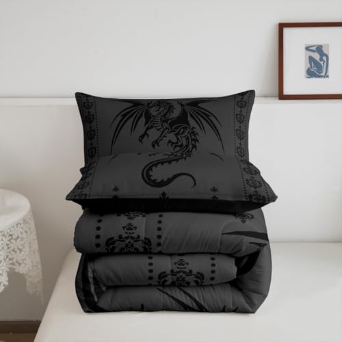 Image of Feelyou Dragon Bedding Set Kids Boys Teens Gothic Damask Paisley Floral Comforter Set Full Size Women Bohemian Exotic Duvet Insert Animal Theme Room Decor,Grey Black
