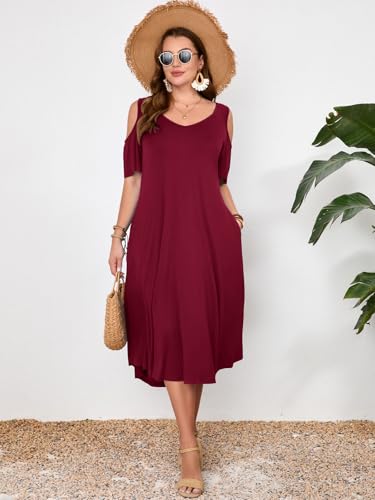 Image of LARACE Plus Size Women Dress for Summer, Midi Women's Sundress, Casual V-Neck Short Sleeve Flowy T-Shirt Dresses with Pockets