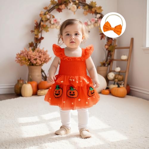 Newborn Baby Girl Halloween Outfit Smocked Pumpkin Embroidery Sequin Star Tulle Tutu Romper Dress Halloween Clothes3