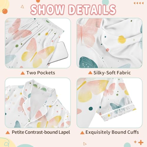 senya Watercolor Butterflies Colored Satin Summer Pajama Sets Silk Short Sleeve Button Down Sleepwear3