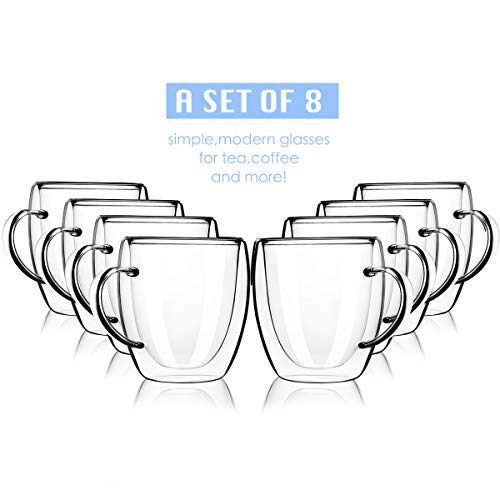 image for MEWAY 8oz Coffee Mugs, Set of 8, Clear Glass Double Wall Cup with hand