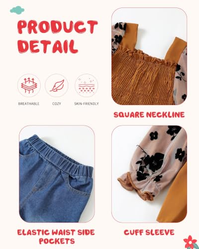 Image of Kucnuzki Toddler Kids Girl Clothes Long Sleeve Shirt Tops Baggy Jeans Cute Pants Set Baby Girl Outfit 2 Piece Clothing