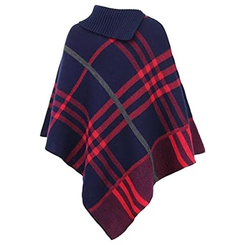 JJ CLOTHING Womens Winter High Polo Neck Knitted Tartan Check Poncho Top Ladies Collared Cape Wrap Shawl Sweater Jumper One Size UK |8-16| (Navy, ONE SIZE (8-16) UK) Cover
