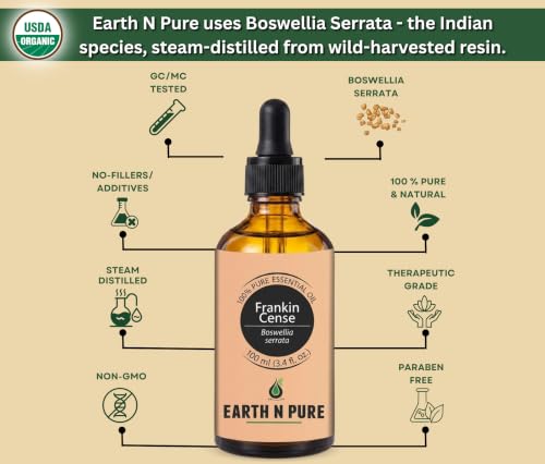Image of Earth N Pure Frankincense Essential Oil (Loban Oil) Undiluted, Natural and Therapeutic Grade With Glass Dropper 100 ml
