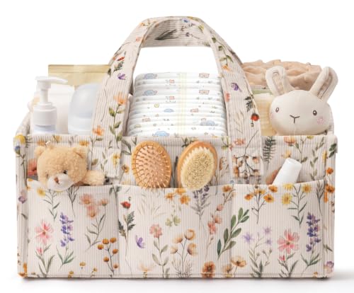 Image of Corduroy Baby Diaper Caddy Organizer with Handles, Nursery Storage Basket