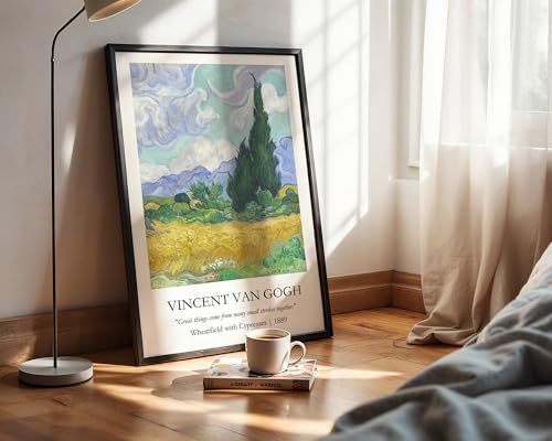 Image of Waltractive Vincent Van Gogh Paintings Framed Poster with Beautiful Quotes - Available in 33x22 and 48x33 CM - Classic Art Poster with sleek Black Frame - Elegant Home and Office Decor (Wheatfield with Cypresses, 9x13 Inch, Framed)