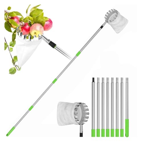 Raccolta di ciliegie, raccogli frutta con manico telescopico, prugne con sacchetto di cotone, raccogli mele, raccoglitore di frutta per ciliegie, frutta, in acciaio inox, per casa e frutteto (3,2 m)