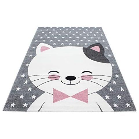 SIMPEX Alfombra infantil con diseño de gato, lazo y lunares, rectangular, redonda, rosa, gris, blanco Cover