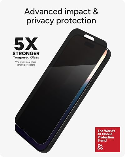 Image of ZAGG Glass Elite Privacy Screen Protector for iPhone 16 Pro Max - 2-Way Privacy Filter, Ultra-Strong Tempered Glass, 5X Stronger, InvisibleShield, Smudge-Free, Easy Install, Recycled Content