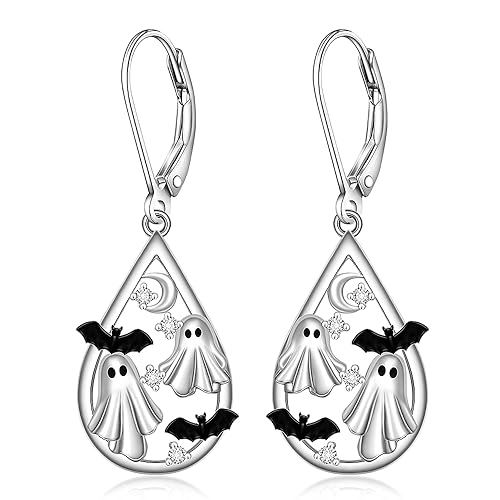 Halloween Earrings Bat Ghost Earrings for Women Sterling Silver Spooky Halloween Ghost Dangle Drop Bat Moon Earring Horror Holiday Jewelry Thanksgiving Gifts