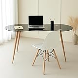 Mesa de Escritorio Negra con Tapa de Cristal Templado y Patas en Acero Efecto Madera – 140x70x74 cm – Diseño Moderno y Elegante