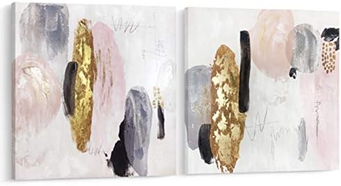 Pi Art Framed Pink and Gold Canvas Painting Abstract Wall Art Set Brush Textured Pink Artworks Wall Decor for Living Room Bedroom Women Home Office Decor (32x32 inch, SET)