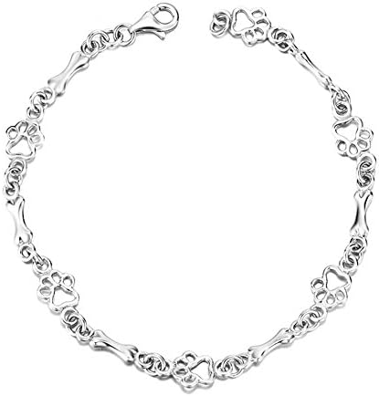 925 Sterling Silver Dog Bone and Paw Print Link Charm Bracelet for Dog Lover LSCB20