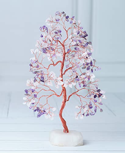 Crocon Crystal Tree of Life - Handmade Feng Shui Bonsai, Attract Good Luck Home Decoration Crystals - Seven Chakra Tree for Meditation Accessories, Money Tree Gift (Rose + Amethyst Quartz Base)