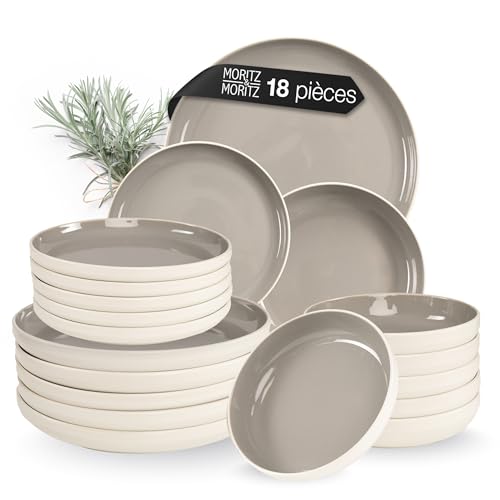 Moritz & Moritz Cavo Set de vaisselle 18 pièces pour 6 personnes Stone – Assiettes en grès – Service de table moderne avec assiettes plates, assiettes à...
