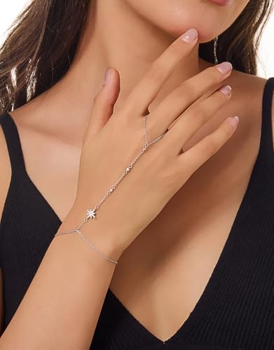 Gold Bracelets for Women 14K Gold Plated Hand Chain Bracelet Dainty Trendy Ring Chain Bracelet Charm Link Adjustable Cubic Zirconia Hand Bracelets Jewelry Gifts for Women