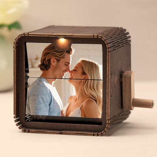 Custom Photo Flip Box - Personalized Hand Crank Photo Album with Light - Customized Picture Flip Book Frame That Can Play Songs - Home Decoration Anniversary Wedding Birthday Gift for Women Men Couple