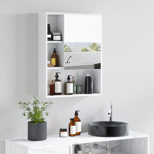 kleankin Armoire Murale Salle de Bain avec Porte Miroir, 60 x 15 x 76 cm, Meuble Salle de Bain, Armoire de Toilette, 5 Compartiments et étagère réglable, Blanc