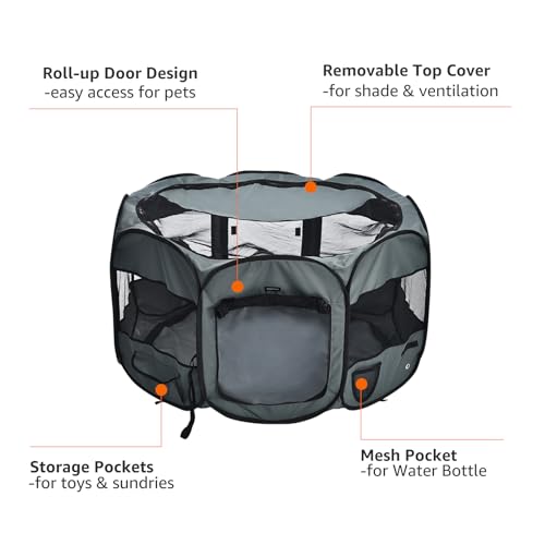 Image of AmazonBasics Foldable Octagonal Indoor /Outdoor Portable Soft Pet Dog Playpen with Storage Pockets, Large (45 x 45 x 24 inches), Grey