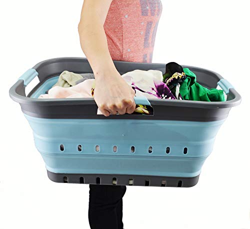 Image of SAMMART 42L (11 gallon) Collapsible Plastic Laundry Basket - Foldable Pop Up Storage Container /Organizer - Space Saving Hamper /Basket (1, Grey /Sea Angel)