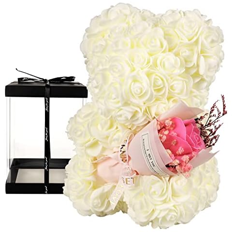 Valentine's Day Gift, Rose Bear, Cute Teddy Bear, Flower Bear, Valentine's Day, Mother's Day, Birthday Gift with Transparent Gift Box (White) Cover