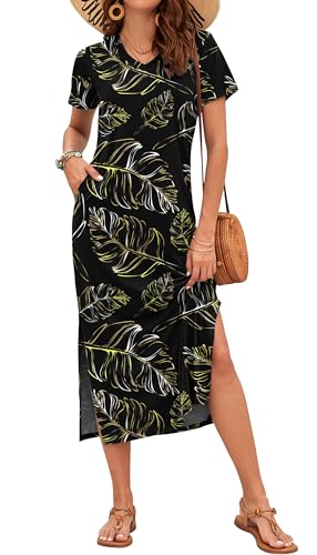 Image of MISFAY Women Summer Maxi Dresses 2026 Casual Short Sleeve Long T Shirt Dress Split Beach Sundress Travel Vacation with Pocket