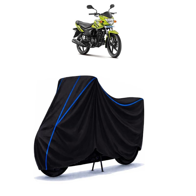 Image of Suzuki Hayate 125 Bike Cover Water Resistant Universal Motorcycle Rain | Heavy Duty UV Protection, Dust, Scratch Indoor Outdoor All Weather with Black Blue Piping Elastic