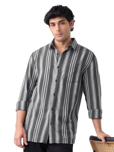 Image of The Souled Store Cotton Linen Stripes: Apricot Men and Boys Long Sleeves Collared Neck Orange Stripes Regular Fit Lightweight Comfortable Summer Cotton Linen Shirts