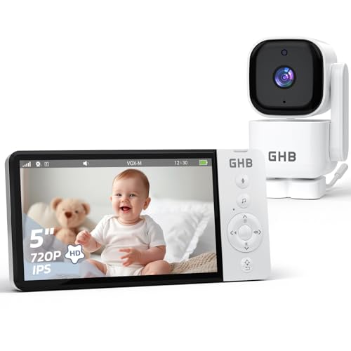 GHB Baby Monitor Video e Audio 5'' 720HD IPS 5000mAh Schermo, 350° Telecamera Rotante, Rilevamento della Temperatura, Interfono Bidirezionale, VOX, Visione Notturna, Ninne Nanne