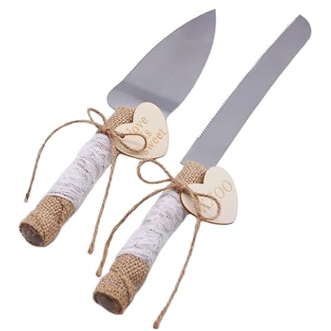 SWTOOL Wedding Cake Knife and Server Set Rustic Style Stainless Steel Cake Cutter Set with Twine Lace and Wood Tag Gifts for Bride and Groom Wedding Anniversaries Parties Cover