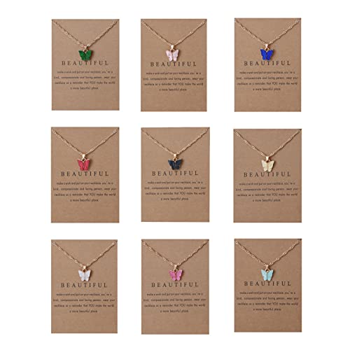 Rrdaily 9 Pcs Dainty Colorful Butterfly Pendant Necklace Set for Women,Bohemian Acrylic Butterfly Chain Necklace Cute Jewelry Gift