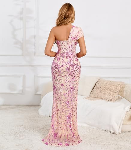 Image of Cololura Women Sexy Sequin One Shoulder Mermaid Formal Party Cocktail Gowns Bodycon Evening Maxi Dress