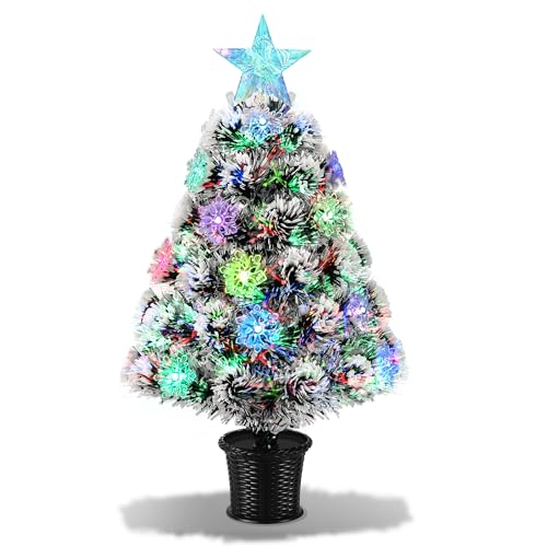 Small Fiber Optic Christmas Tree Snowflake Lighted, 22inch Pre-Lit Tabletop Christmas Tree Artificial Xmas Tree with Top Star, RGB Lights,Battery/USB Operated for Desktop,Holiday