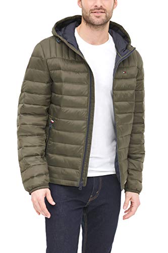 Tommy Hilfiger Men's Water Resistant Ultra Loft Filled Hooded Puffer Jacket, Olive, Small3
