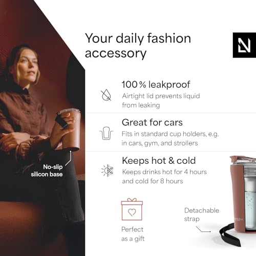 Image of LARS NYSOM Thermo Coffee Mug to go with Strap 13oz | Travel Mug 0.38 Liter with Insulation | Leak Proof Stainless Steel Thermal Tumbler for Coffee and Tea to Go (Brick Red, 12.9oz)