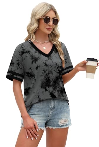 Image of WIHOLL Womens T Shirts Loose Fit Short Sleeve Tees V Neck Color Block Summer Tops 2026 Fashion S-4XL