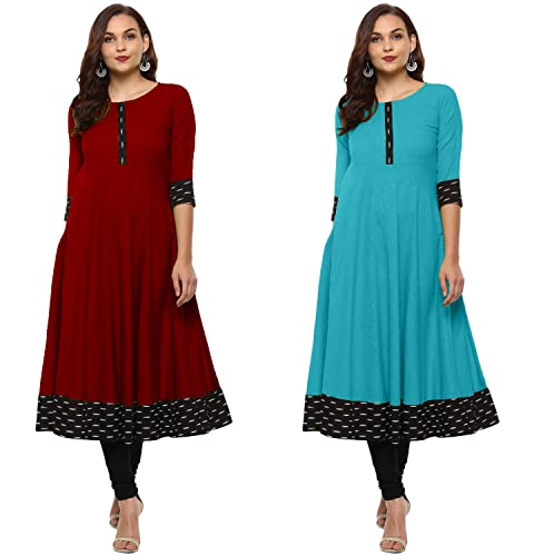 Image of NATEK Cotton Anarkali Printed Border Kurtis for Women Combo Pack of 2