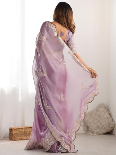Image of Satrani Women's Tissue Silk Sequin Embroidery Scalloped Border Saree with Unstitched Blouse Piece