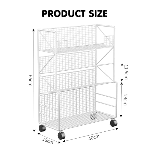 Image of 4 Tier Metal Rolling Utility Cart - Heavy Duty Bookshelf for Office, Dorm, Classroom, Library & Living Room - Versatile Corner Display & Magazine Rack