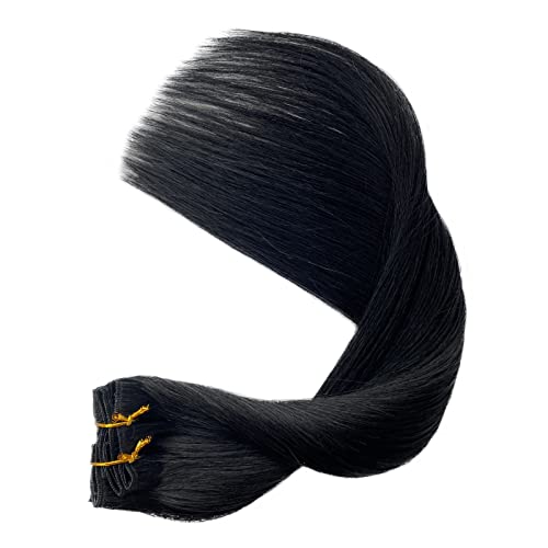 Image of Jet Black Remy Hair Extensions - Clip in Human Hair 100% Real, 18 Inch 70g 5pcs Natural Soft Straight Double Weft Clip in Extensions #1