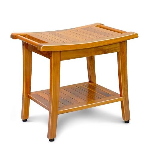 20" Premium Teak Shower Bench with Shelf & Handle, Solid