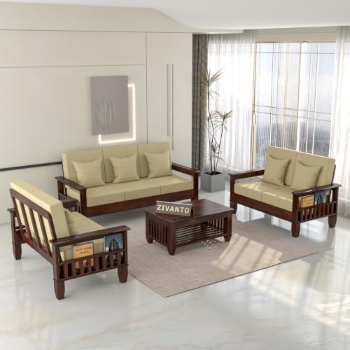 Image of Solid Sheesham Wood 7 Seater Sofa Set for Living Room | Premium Wooden Sofa with Side Magazine Rack | High-Density Cushioned Fabric Seats | Modern Solid Sheesham Wood Furniture