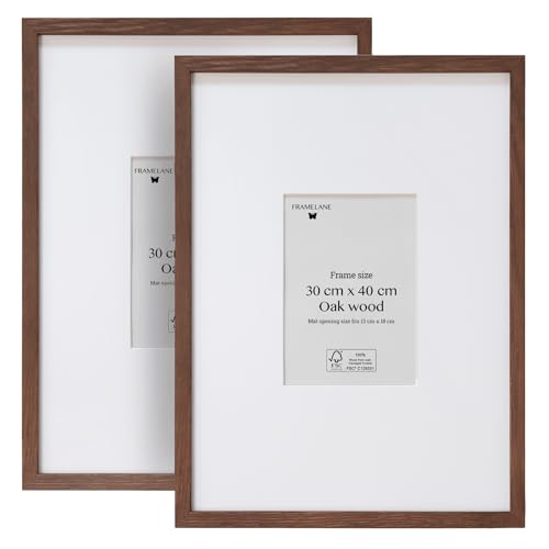 Framelane Set de 2 Marcos Madera Oscura 30x40 en Roble FSC con Vidrio Acrílico Antirrayas y Antirroturas - Marco con Passepartout - Montaje Vertical u Horizontal Elegante