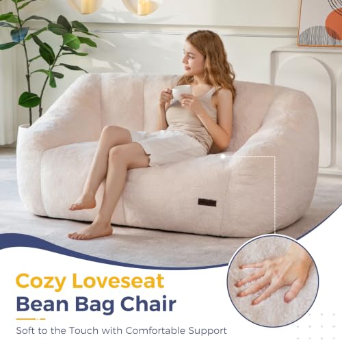 Image of MAXYOYO Bean Bag Chair, Comfy Bean Bag Sofa with Back Support, Loveseat Faux Fur Bean Bag Chair for Adults, Stuffed Floor Sofa for Living Room, Bedroom, Apartment, Beige