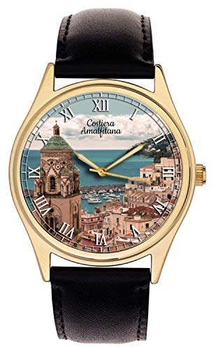 La costa amalfitaina, Italia. Hermoso libro de viaje azul turquesa. Reloj de pulsera de latón maciz
